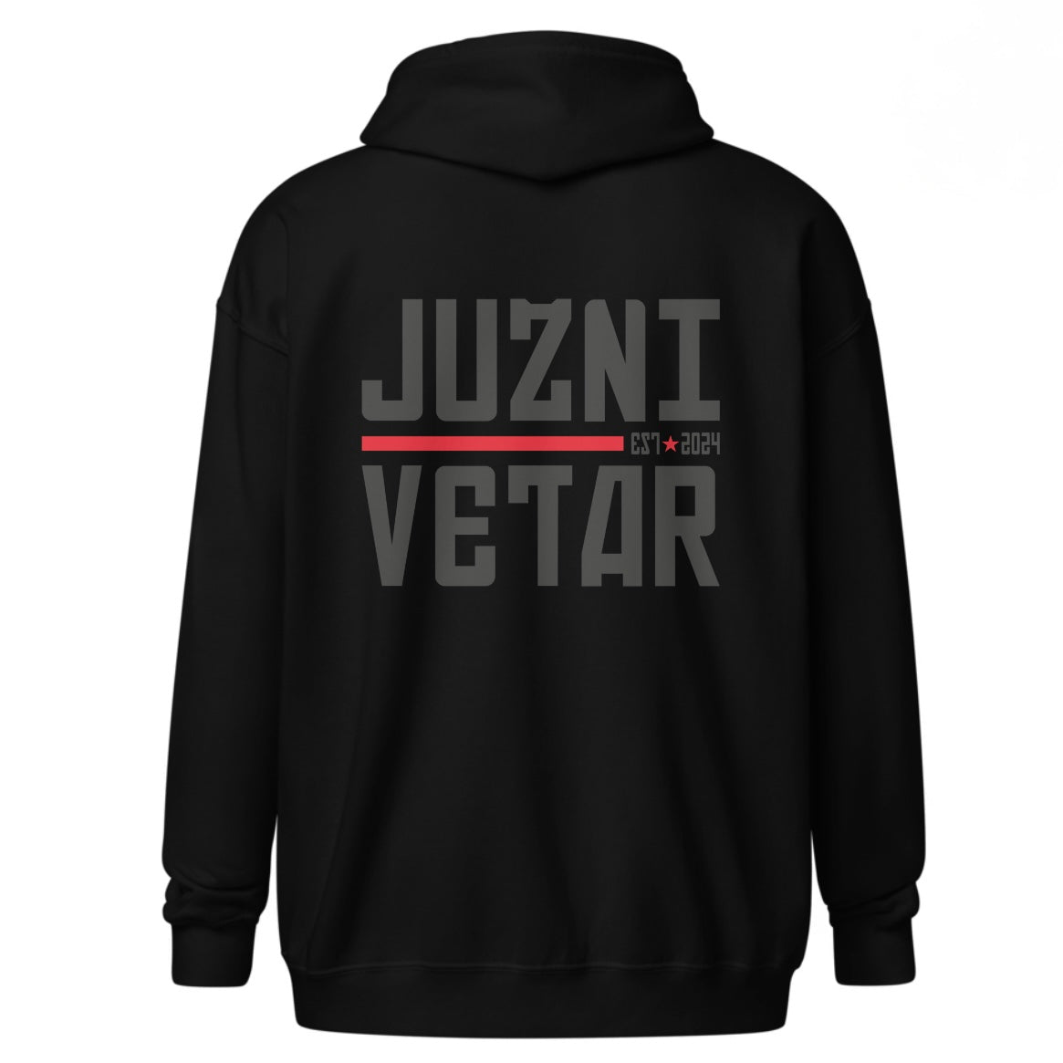 JUZNI VETAR Premium Zip Hoodie – Minimal Front, Bold Back